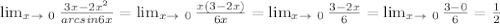 \lim_ { x \to \ 0} \frac{3x-2x^2}{arcsin 6x} = \lim_{x \to \ 0} \frac{x(3-2x)}{6x} = \lim_{x \to \ 0} \frac{3-2x}{6} = \lim_{x \to \ 0} \frac{3 - 0}{6} = \frac{1}{2} 
