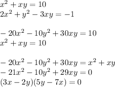x^2+xy=10\\
 2x^2+y^2-3xy=-1\\
\\
-20x^2-10y^2+30xy=10\\
x^2+xy=10\\
\\
-20x^2-10y^2+30xy=x^2+xy\\
-21x^2-10y^2+29xy=0\\
 (3x-2y)(5y-7x)=0\\
