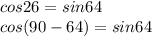 cos26=sin64\\
cos(90-64)=sin64
