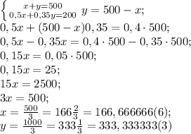 \left \{ {{x+y=500} \atop {0,5x+0,35y=200}} \right. 
y=500-x;\\
0,5x+(500-x)0,35=0,4\cdot500;\\
0,5x-0,35x=0,4\cdot500-0,35\cdot500;\\
0,15x=0,05\cdot500;\\
0,15x=25;\\
15x=2500;\\
3x=500;\\
x=\frac{500}{3}=166\frac{2}{3}=166,666666(6);\\
y=\frac{1000}{3}=333\frac{1}{3}=333,333333(3)\\
