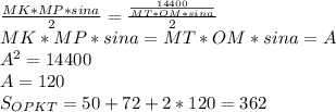 \frac{MK*MP*sina}{2}=\frac{\frac{14400}{MT*OM*sina}}{2}\\
 MK*MP*sina=MT*OM*sina=A\\
 A^2=14400\\
 A=120\\
 S_{OPKT}=50+72+2*120=362