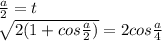 \frac{a}{2}=t\\
\sqrt{2(1+cos\frac{a}{2})}=2cos\frac{a}{4}