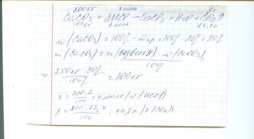 Какой обьем углекислого газа (co2) образуется при взаимодействии 250кг известняка (caco3), содержаще