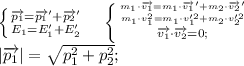 \left \{ {{\overrightarrow{p_1}=\overrightarrow{p_1}'+\overrightarrow{p_2}'} \atop {E_1=E_1'+E_2'}} \right. \ \ \ \left \{ {{m_1\cdot\overrightarrow{v_1}=m_1\cdot\overrightarrow{v_1}'+m_2\cdot\overrightarrow{v_2}'} \atop {m_1\cdot v_1^2=m_1\cdot v_1'^2+m_2\cdot v_2'^2}} \atop {\overrightarrow{v_1}\cdot\overrightarrow{v_2}=0;} \right. \\
\left|\overrightarrow{p_1}\right|=\sqrt{p_1^2+p_2^2};\\