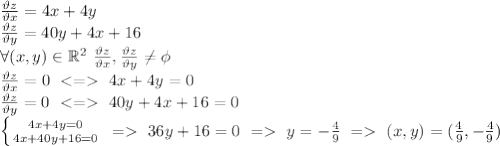 \frac{\vartheta z}{\vartheta x}=4x+4y \\
\frac{\vartheta z}{\vartheta y}=40y+4x+16 \\
\forall(x,y) \in \mathbb{R}^2 \ \frac{\vartheta z}{\vartheta x},\frac{\vartheta z}{\vartheta y} \neq \phi \\
\frac{\vartheta z}{\vartheta x}=0 \ <= \ 4x+4y=0 \\ 
\frac{\vartheta z}{\vartheta y}=0 \ <= \ 40y+4x+16=0 \\
 \left \{ {{4x+4y=0} \atop {4x+40y+16=0}} \right. \ = \ 36y+16=0 \ = \ y=-\frac{4}{9} \ = \ (x,y)=(\frac{4}{9},-\frac{4}{9})