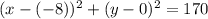 (x-(-8))^2+(y-0)^2=170