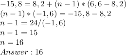 -15,8=8,2+(n-1)*(6,6-8,2) \\ 
(n-1)*(-1,6)=-15,8-8,2 \\ 
n-1=24/(-1,6) \\ 
n-1=15 \\ 
n=16 \\ 
Answer: 16