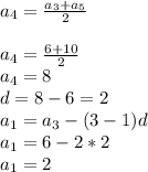 a_{4}= \frac{a_{3}+a_{5}}{2} \\ \\
a_{4}= \frac{6+10}{2} \\
a_{4}=8 \\
d=8-6=2 \\
a_{1}=a_{3}-(3-1)d \\
a_{1}=6-2*2 \\
a_{1}=2 \\
