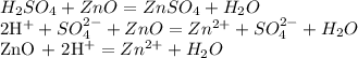 H_2SO_4 + ZnO = ZnSO_4 + H_2O

2H^+ + SO_4^{2-} + ZnO = Zn^{2+} + SO_4^{2-} + H_2O

ZnO + 2H^{+} = Zn^{2+} + H_2O