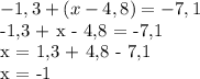 -1,3 + (x - 4,8) = -7,1

-1,3 + x - 4,8 = -7,1

x = 1,3 + 4,8 - 7,1

x = -1