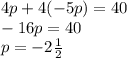 4p + 4(-5p) = 40 \\
-16p = 40 \\
p = - 2\frac12