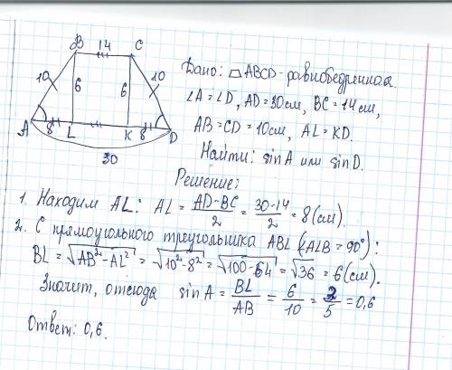 Основания равнобедренной трапеции = 14 и 30. боковые стороны =10. найдите синус острого угла трапеци