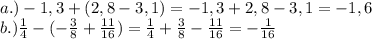 a.) -1,3+(2,8-3,1)=-1,3+2,8-3,1=-1,6 \\ 
b.) \frac{1}{4} -(- \frac{3}{8} + \frac{11}{16})=\frac{1}{4}+\frac{3}{8}-\frac{11}{16}=-\frac{1}{16}