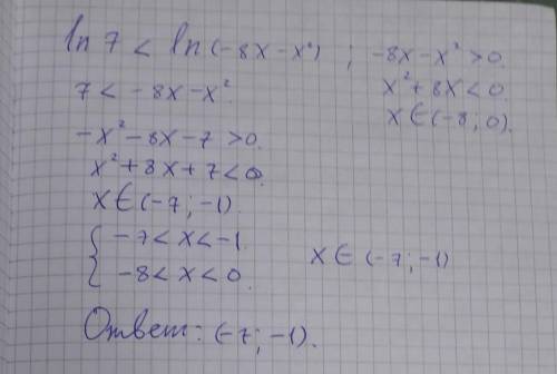 Ln 7< ln (-8x-x^2)=? я не могу найти решения. если знайте