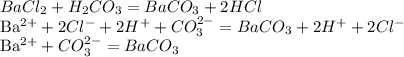 BaCl_2 + H_2CO_3 = BaCO_3 + 2HCl

Ba^{2+} + 2Cl^{-} + 2H^{+} + CO_3^{2-} = BaCO_3 + 2H^{+} + 2Cl^{-}

Ba^{2+} + CO_3^{2-} = BaCO_3