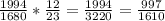 \frac{1994}{1680} * \frac{12}{23} = \frac{1994}{3220} = \frac{997}{1610}
