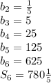 b_2= \frac{1}{5} \\ 
b_3=5 \\ 
b_4=25 \\ 
b_5=125 \\ 
b_6=625 \\ 
S_6=780 \frac{1}{5}