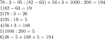 78 : 3 - 95 : (82 - 63) + 56 * 3 + 1000 : 200 = 194 \\ 
1) 82 - 63 = 19 \\ 
2) 78 : 3 = 26 \\ 
3) 95 : 19 = 5 \\ 
4) 56 * 3 = 168 \\ 
5) 1000 : 200 = 5 \\ 
6) 26 - 5 + 168 + 5 = 194