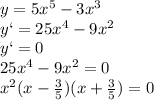 y=5x^5-3x^3
\\\
y`=25x^4-9x^2
\\\
y`=0
\\\
25x^4-9x^2=0
\\\
x^2(x- \frac{3}{5} )(x+ \frac{3}{5} )=0