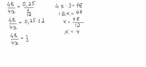 Найдите корень уравнения 48/4x=о,25/одна двенадуатая