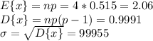 E\{x\}=np=4*0.515=2.06 \\
D\{x\}=np(p-1)=0.9991 \\
\sigma=\sqrt{D\{x\}}=99955