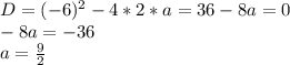 D=(-6)^2-4*2*a=36-8a=0\\
-8a=-36\\
a=\frac92