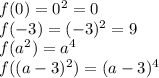 f(0)=0^2=0\\
f(-3)=(-3)^2=9\\
f(a^2)=a^4\\
f((a-3)^2)=(a-3)^4