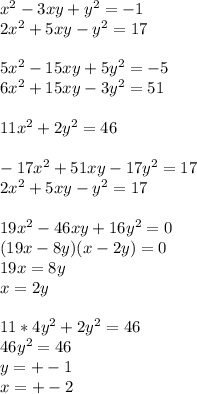 x^2-3xy+y^2=-1\\
2x^2+5xy-y^2=17\\\\ 
5x^2-15xy+5y^2=-5\\
6x^2+15xy-3y^2=51\\\\ 
11x^2+2y^2=46\\\\
-17x^2+51xy-17y^2=17\\
2x^2+5xy-y^2=17\\\\
19x^2-46xy+16y^2=0\\
(19x-8y)(x-2y)=0\\
19x=8y\\
x=2y\\\\
11*4y^2+2y^2=46\\
46y^2=46\\
 y=+-1\\
 x=+-2