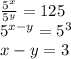 \frac{5^x}{5^y}=125\\
5^{x-y}=5^3\\
 x-y=3