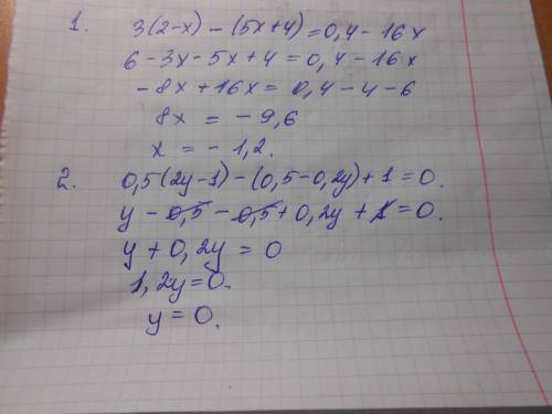 1. 3(2-+4)=0,4-16х 2.0,5(2у-,5-0,2у)+1=0 3.0,3(3х-1)+0,2=5(0,1-0,2х)-0,1