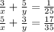 \frac{3}{x}+\frac{5}{y}=\frac{1}{25}\\ 
\frac{5}{x}+\frac{3}{y}=\frac{17}{35}\\ 
