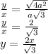 \frac{y}{x} = \frac{\sqrt{4a^2}}{a\sqrt{3}}\\
\frac{y}{x}=\frac{2}{\sqrt{3}}\\
 y=\frac{2x}{\sqrt{3}}