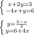 \left \{ {{x+2y=3} \atop {-4x+y=6}} \right. \\
\\
 \left \{ {{y= \frac{3-x}{2} } \atop {y=6+4x}} \right.