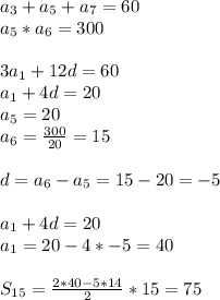 a_{3}+a_{5}+a_{7}=60\\
a_{5}*a_{6}=300\\\\ 
3a_{1}+12d=60\\
a_{1}+4d=20\\
a_{5}=20\\
a_{6}=\frac{300}{20}=15\\\\
d=a_{6}-a_{5}=15-20=-5\\\\ 
a_{1}+4d=20\\
a_{1}=20-4*-5=40\\\\
 S_{15}=\frac{2*40-5*14}{2}*15=75