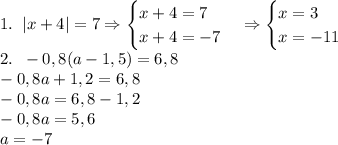 1.\;\;|x+4|=7\Rightarrow\begin{cases}x+4=7\\x+4=-7\end{cases}\Rightarrow\begin{cases}x=3\\x=-11\end{cases}\\
2.\;\;-0,8(a-1,5)=6,8\\-0,8a+1,2=6,8\\-0,8a=6,8-1,2\\-0,8a=5,6\\a=-7
