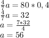 \frac{4}{7}a = 80*0,4 \\
\frac{4}{7}a = 32 \\
a = \frac{7*32}{4} \\
a = 56