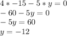 4*-15-5*y=0\\
-60-5y=0\\
 -5y=60\\
 y=-12