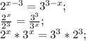 2^{x-3}=3^{3-x};\\
\frac{2^x}{2^3}=\frac{3^3}{3^x};\\
2^x*3^x=3^3*2^3;\\
