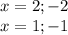 x=2;-2\\
x=1;-1