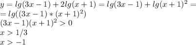 y=lg(3x-1)+2lg(x+1)=lg(3x-1)+lg(x+1)^2=\\=lg((3x-1)*(x+1)^2)
\\(3x-1)(x+1)^20
\\x1/3\\ x-1