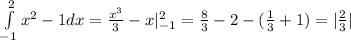 \int\limits^2_{-1} { x^2-1 }dx=\frac{x^3}{3}-x |^2_{-1} = \frac{8}{3}-2 - (\frac{1}{3}+1)=|
 \frac{2}{3}|