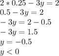 \\ 2*0.25-3y=2 \\ 0.5-3y=2 \\ -3y=2-0.5 \\ -3y=1.5 \\ y=-0.5 \\ y