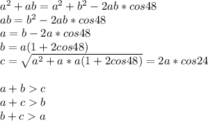 a^2+ab=a^2+b^2-2ab*cos48\\
ab=b^2-2ab*cos48\\
a=b-2a*cos48\\
b=a(1+2cos48)\\
c=\sqrt{a^2+a*a(1+2cos48)}=2a*cos24\\\\
a+bc\\
a+cb\\
b+ca\\
