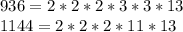 936=2*2*2*3*3*13 \\ 
1144=2*2*2*11*13