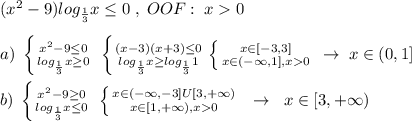 (x^2-9)log_{\frac{1}{3}}x \leq 0\; ,\; OOF:\; x0\\\\a)\; \left \{ {{x^2-9 \leq 0} \atop {log_{\frac{1}{3}}x \geq 0}} \right. \; \left \{ {{(x-3)(x+3) \leq 0} \atop {log_{\frac{1}{3}}x \geq log_{\frac{1}{3}}1}} \right. \left \{ {{x\in [-3,3]} \atop {x\in (-\infty,1],x0}} \right. \; \to \; x\in(0,1]\\\\b)\; \left \{ {{x^2-9 \geq 0} \atop {log_{\frac{1}{3}}x \leq 0}} \right. \; \left \{ {{x\in (-\infty,-3]U[3,+\infty)} \atop {x\in [1,+\infty),x0}} \right. \; \; \to \; \; x\in [3,+\infty)
