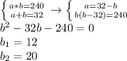 
 \left \{ {{a*b=240 } \atop {a+b=32}} \right. \to \left \{ {{a=32-b} 
\atop {b(b-32)=240}} \right. \\ b^2-32b-240=0 \\ b_1=12 \\ b_2=20