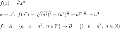 f(x) = \sqrt[2]{x^3}\\\\
x = a^2, \ f(a^2) = \sqrt[2]{(a^2)^3} = (a^2)^{\frac{3}{2}} = a^{(2 \cdot \frac{3}{2})} = a^3\\\\
f: \ A = \{ a \ | \ a = n^2, \ n \in \mathbb{N} \} \rightarrow B = \{ b \ | \ b = n^3, \ n \in \mathbb{N} \}