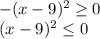 -(x-9)^2 \geq 0
\\\
(x-9)^2 \leq 0