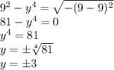 9^2-y^{4}=\sqrt{-(9-9)^2} 
\\\
81-y^{4}=0
\\\
y^4=81
\\\
y=\pm \sqrt[4]{81} 
\\\
y=\pm3