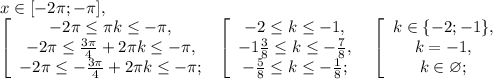x\in[-2\pi;-\pi], \\ 
\left[\begin{array} \ -2\pi \leq \pi k \leq -\pi, \\-2\pi \leq \frac{3\pi}{4}+2\pi k \leq -\pi, \\-2\pi \leq -\frac{3\pi}{4}+2\pi k \leq -\pi; \end{array} \ \left[\begin{array} \ -2 \leq k \leq -1, \\ - 1\frac{3}{8} \leq k \leq - \frac{7}{8} , \\ -\frac{5}{8} \leq k \leq -\frac{1}{8}; \end{array} \ \ \left[\begin{array} \ k\in \{-2;-1\}, \\k=-1 , \\ k\in\varnothing; \end{array}
